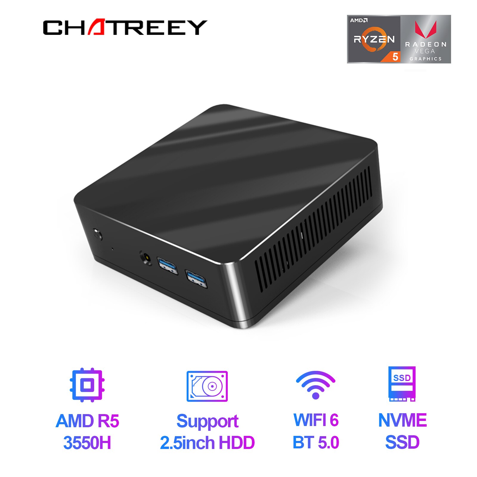 Chatreey-̴ PC Ryzen 5 3550H 4 ھ ӿ ũž ǻ, NVME SSD WIFI6 HDMI DP Windows 11 Pro,  ̴ PC ǻ